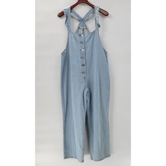 Polagram Overalls Button Up Denim Jumpsuit Womens L Blue Light Wash Ruffle Strap - Picture 1 of 16